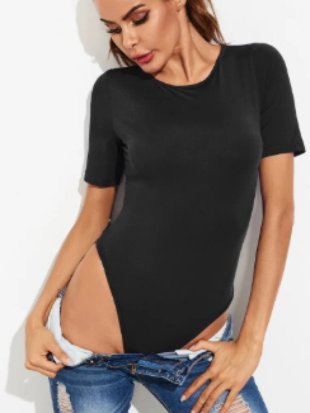 Romantic Thread Black Round Neck Short Sleeve Bodysuit Size L - NEW